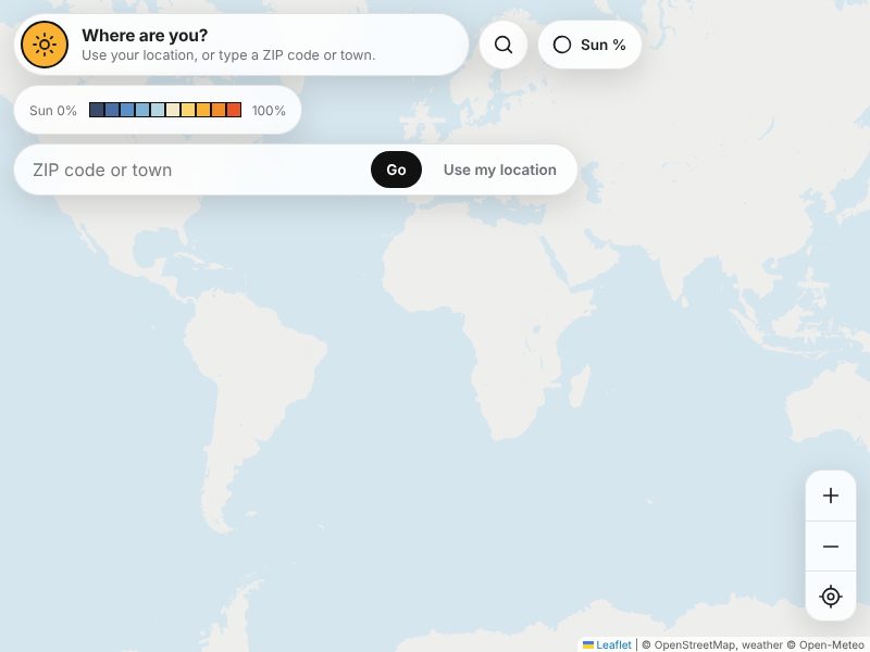 Sunseeker: a world map with a sun-percentage scale